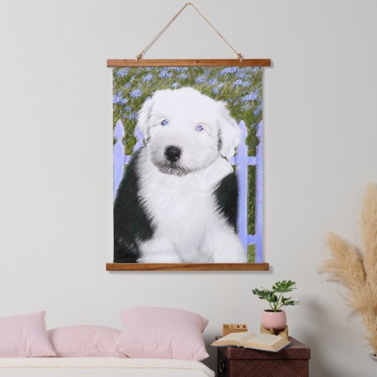 Old English Sheepdog Puppy Painting - Dog Art Wandteppich Mit Holzrahmen (Schlafzimmer)