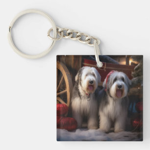 Old English Sheepdog Schnee-Schlitten Weihnachtsde Schlüsselanhänger