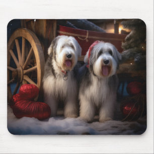Old English Sheepdog Schneebedeckter Schlitten Wei Mousepad