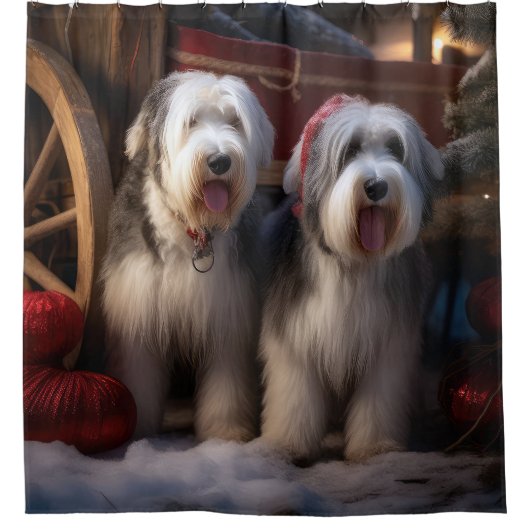 Old English Sheepdog Snowy Sleigh Weihnachtsdekor Duschvorhang (Vorderseite)