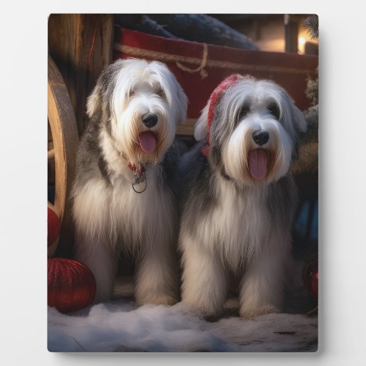 Old English Sheepdog Snowy Sleigh Weihnachtsdekor Fotoplatte (Vorderseite)