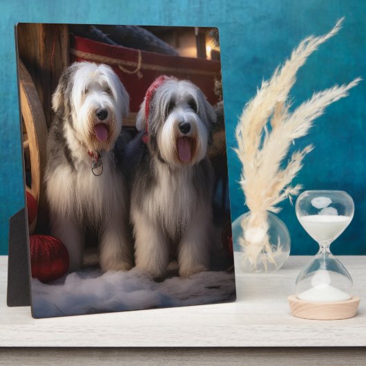 Old English Sheepdog Snowy Sleigh Weihnachtsdekor Fotoplatte (Seite)