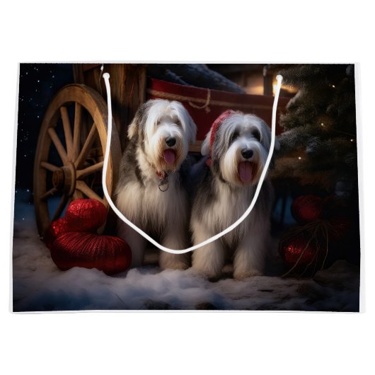 Old English Sheepdog Snowy Sleigh Weihnachtsdekor Große Geschenktüte (Vorderseite)