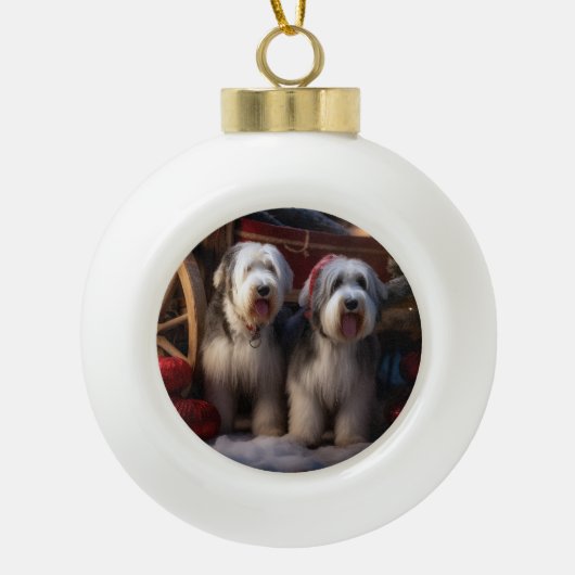 Old English Sheepdog Snowy Sleigh Weihnachtsdekor Keramik Kugel-Ornament (Vorderseite)