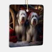 Old English Sheepdog Snowy Sleigh Weihnachtsdekor Keramikornament (Rechts)