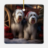 Old English Sheepdog Snowy Sleigh Weihnachtsdekor Keramikornament (Rückseite)