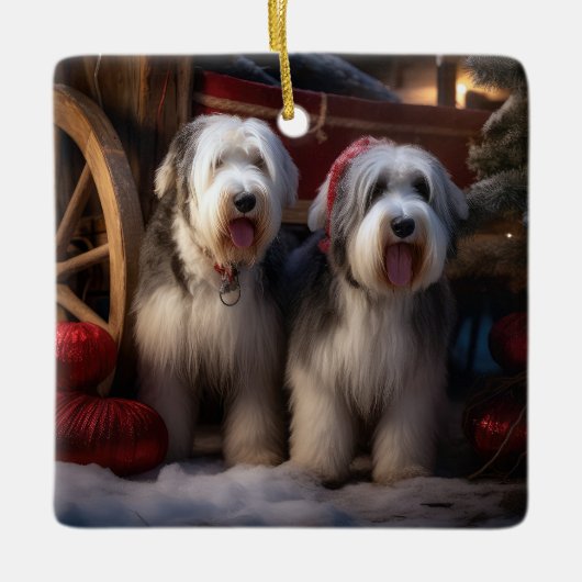 Old English Sheepdog Snowy Sleigh Weihnachtsdekor Keramikornament (Vorderseite)