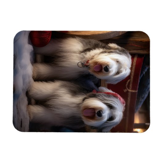 Old English Sheepdog Snowy Sleigh Weihnachtsdekor Magnet (Horizontal)