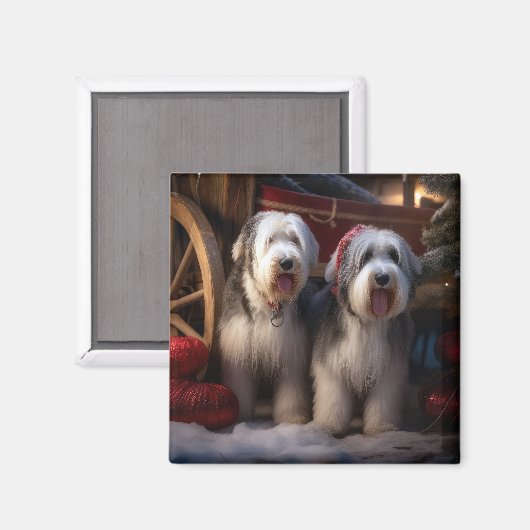 Old English Sheepdog Snowy Sleigh Weihnachtsdekor Magnet (Vorderseite/Rückseite)