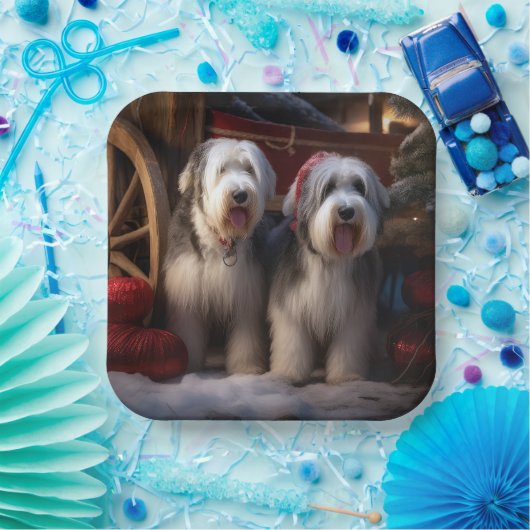 Old English Sheepdog Snowy Sleigh Weihnachtsdekor Pappteller (Party)