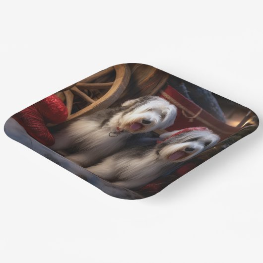 Old English Sheepdog Snowy Sleigh Weihnachtsdekor Pappteller (Gewinkelt)