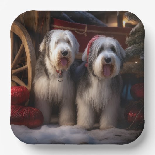 Old English Sheepdog Snowy Sleigh Weihnachtsdekor Pappteller (Vorderseite)