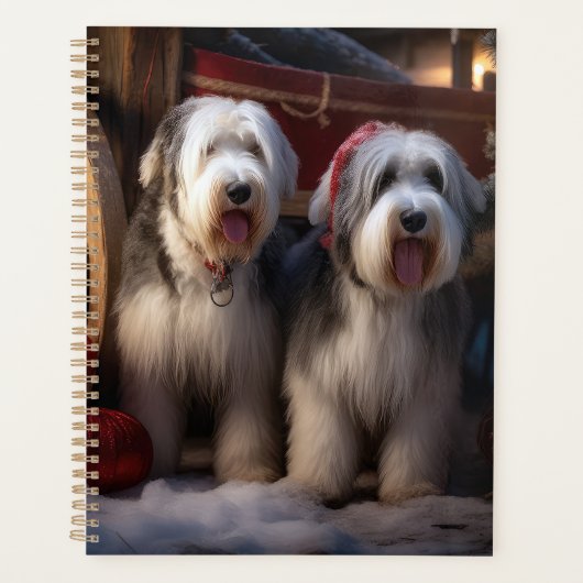 Old English Sheepdog Snowy Sleigh Weihnachtsdekor Planer (Vorderseite)