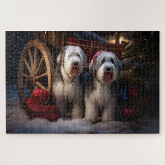 Old English Sheepdog Snowy Sleigh Weihnachtsdekor Puzzle (Horizontal)