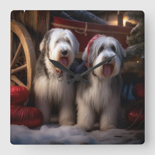 Old English Sheepdog Snowy Sleigh Weihnachtsdekor Quadratische Wanduhr (Vorderseite)