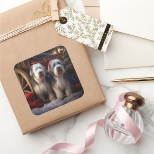 Old English Sheepdog Snowy Sleigh Weihnachtsdekor Quadratischer Aufkleber