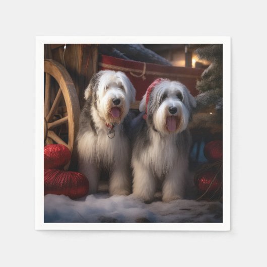 Old English Sheepdog Snowy Sleigh Weihnachtsdekor Serviette (Vorderseite)