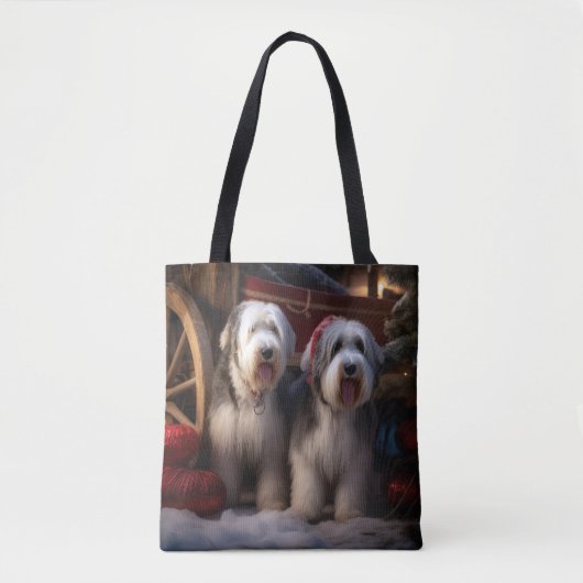 Old English Sheepdog Snowy Sleigh Weihnachtsdekor Tasche (Vorderseite)
