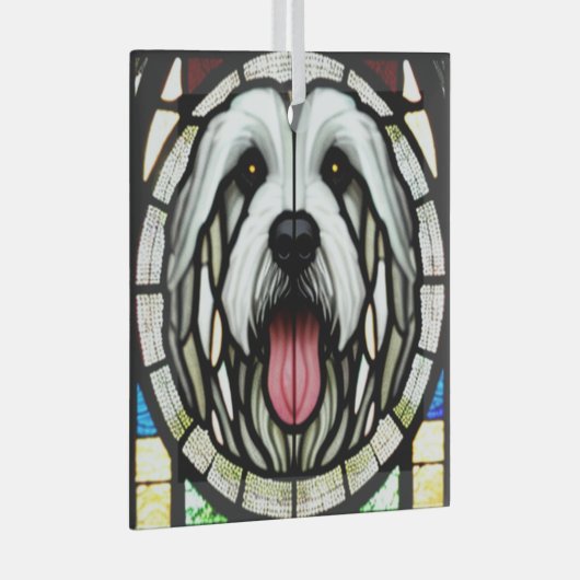 Old English Sheepdog "Stached Glass" Ornament Aus Glas (Vorderseite Rechts)