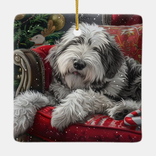 Old English Sheepdog Weihnachts-Festival Keramikornament (Rückseite)