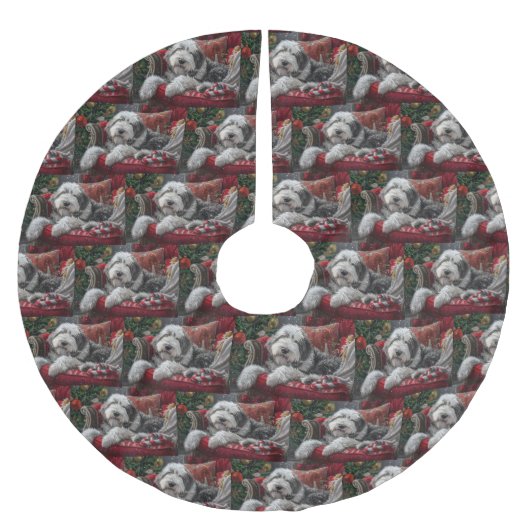 Old English Sheepdog Weihnachts-Festival Polyester Weihnachtsbaumdecke (Vorderseite)