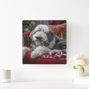 Old English Sheepdog Weihnachts-Festival Quadratische Wanduhr