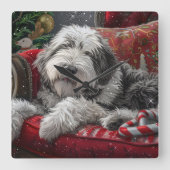 Old English Sheepdog Weihnachts-Festival Quadratische Wanduhr (Vorderseite)