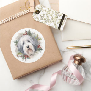 Old English Sheepdog Weihnachtskranz Festiver Hund Runder Aufkleber