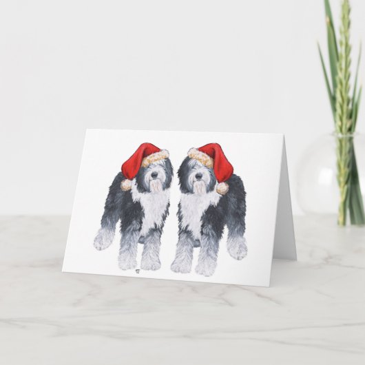 Old English Sheepdog Weihnachtsmannmütze Feiertagskarte (Vorderseite)