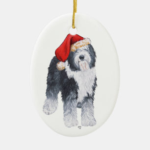 Old English Sheepdog Weihnachtsmannmütze Keramik Ornament