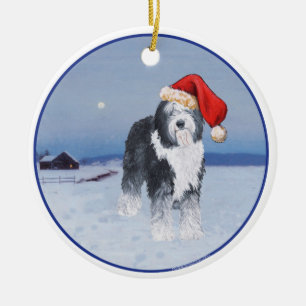 Old English Sheepdog Weihnachtsmannmütze Keramikornament