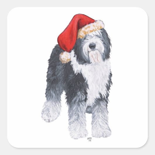 Old English Sheepdog Weihnachtsmannmütze Quadratischer Aufkleber (Vorderseite)