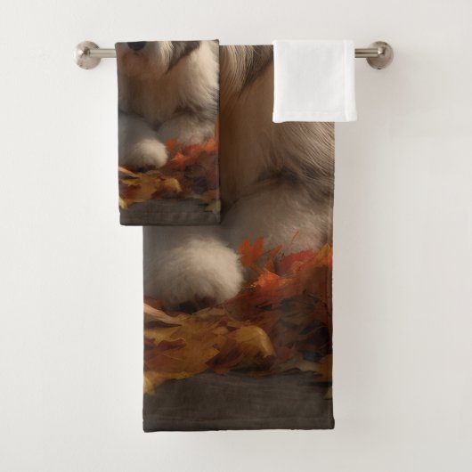 Old English Sheepdog Welpe Autumn Delight Pumpkin Badhandtuch Set (Insitu)
