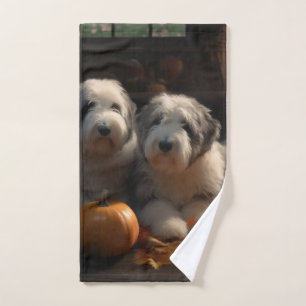 Old English Sheepdog Welpe Autumn Delight Pumpkin Badhandtuch Set
