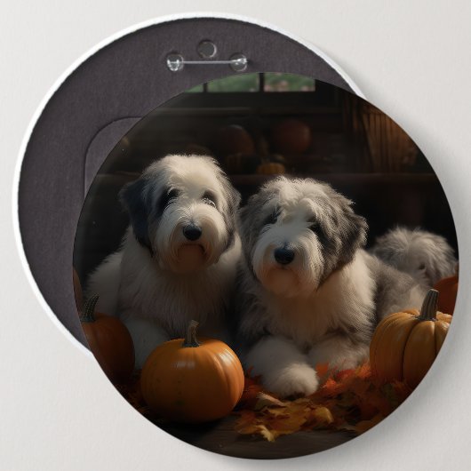 Old English Sheepdog Welpe Autumn Delight Pumpkin Button (Vorne & Hinten)