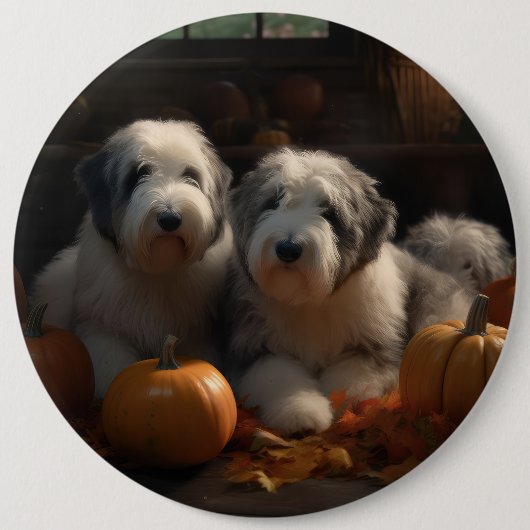 Old English Sheepdog Welpe Autumn Delight Pumpkin Button (Vorderseite)