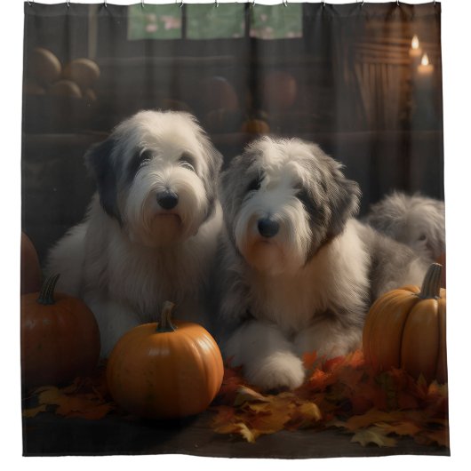 Old English Sheepdog Welpe Autumn Delight Pumpkin Duschvorhang (Vorderseite)