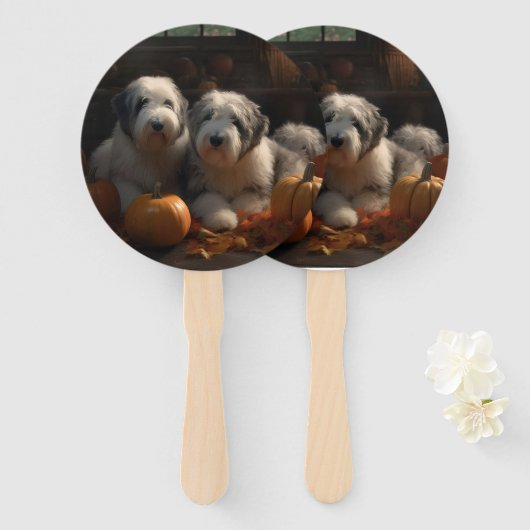 Old English Sheepdog Welpe Autumn Delight Pumpkin Fächer (Vorne und Hinten)