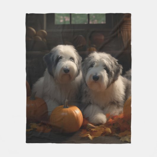 Old English Sheepdog Welpe Autumn Delight Pumpkin Fleecedecke (Vorderseite)