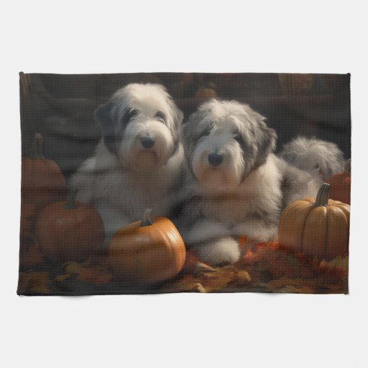 Old English Sheepdog Welpe Autumn Delight Pumpkin Geschirrtuch (Horizontal)