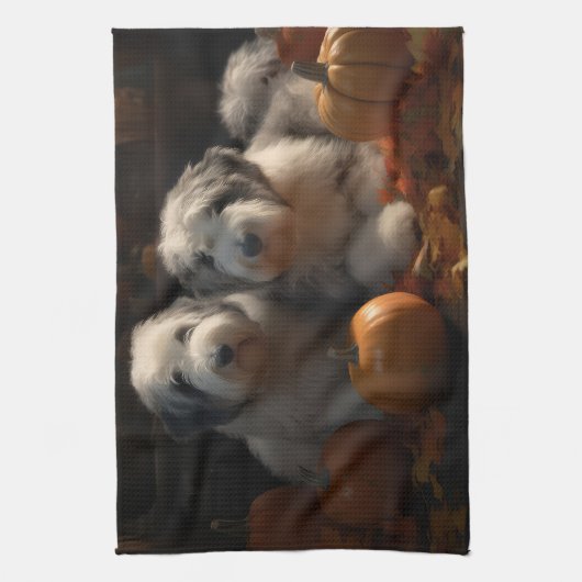Old English Sheepdog Welpe Autumn Delight Pumpkin Geschirrtuch (Vertikal)