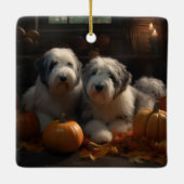 Old English Sheepdog Welpe Autumn Delight Pumpkin Keramikornament (Rückseite)