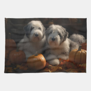 Old English Sheepdog Welpe Herbstfreude Kürbis Geschirrtuch