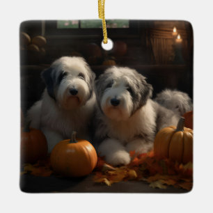 Old English Sheepdog Welpe Herbstfreude Kürbis Keramikornament