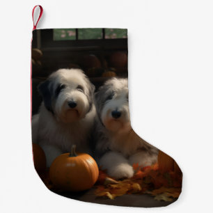 Old English Sheepdog Welpe Herbstfreude Kürbis Kleiner Weihnachtsstrumpf