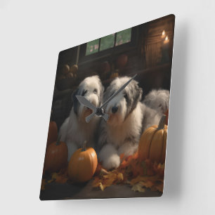 Old English Sheepdog Welpe Herbstfreude Kürbis Quadratische Wanduhr