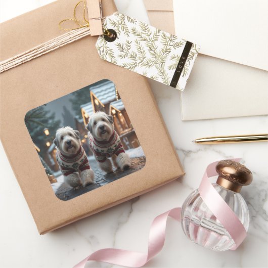 Old English Sheepdogs Christmas Snow Holiday Quadratischer Aufkleber (Schenken)