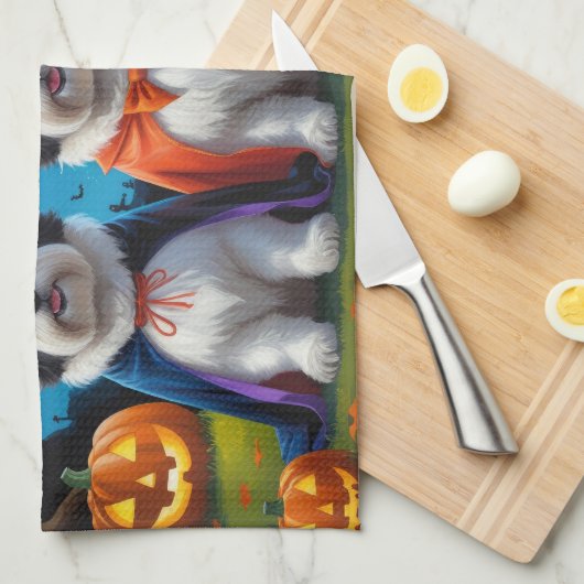 Old English Sheepdogs Pumpkin Halloween Funny Geschirrtuch (Viertel Falte)