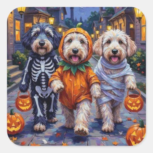 Old English Sheepdogs Trick-or-Treating Halloween Quadratischer Aufkleber (Vorderseite)