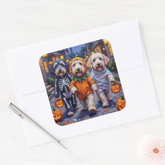 Old English Sheepdogs Trick-or-Treating Halloween Quadratischer Aufkleber (Umschlag)